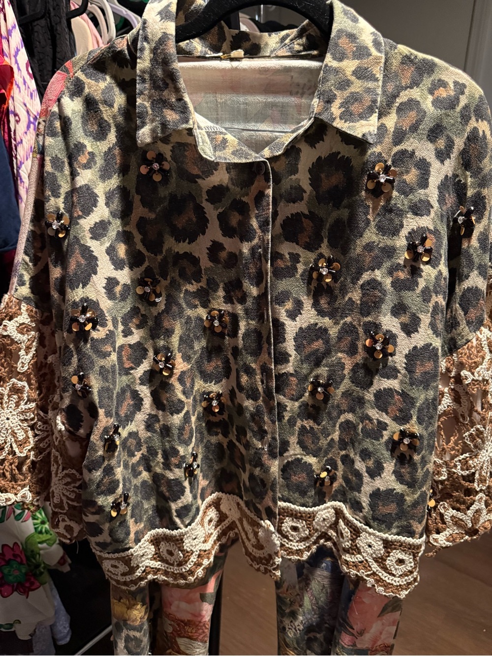 A Rare Bird- 2 piece Beaded Leopard Print Crochet Trim Jacket & pant set